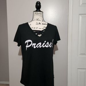 Praise tshirt with criss-cross neckline